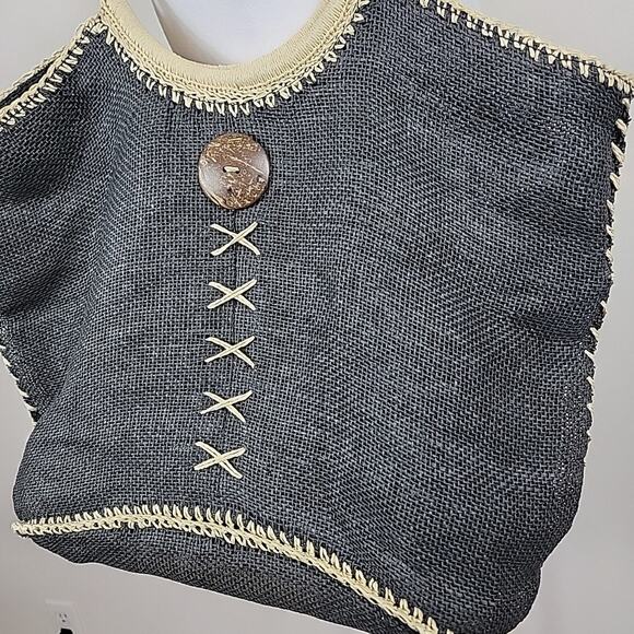 Cappelli Straworld Purse Black Lg Woven Straw Boho Hobo Coastal Resort Cruise - Picture 3 of 16